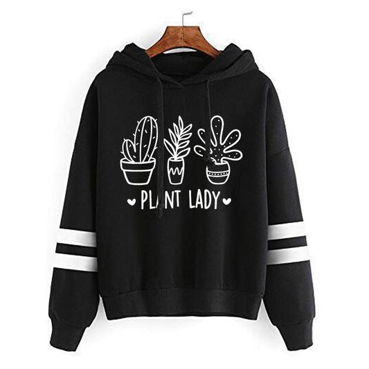 Sudadera con capucha holgada informal con estampado de cactus y barras paralelas para mujer