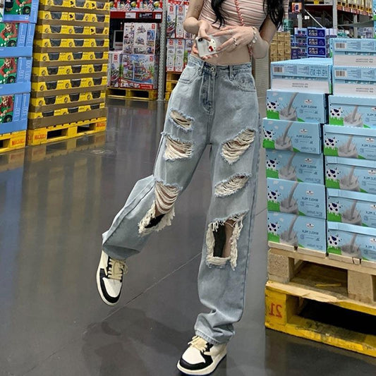 Vaqueros rectos, rotos, holgados e informales de cintura alta para mujer