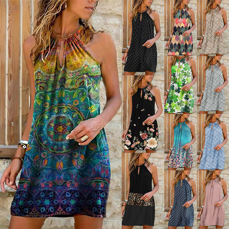 Vestido informal bohemio con cuello halter y estampado floral para mujer, talla grande