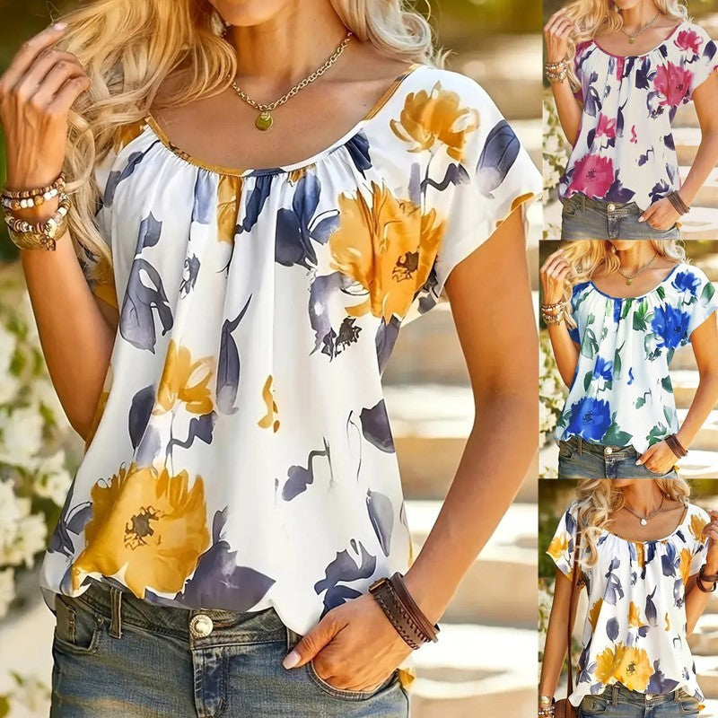 Blusa informal de verano con estampado floral y cuello redondo y manga corta para mujer