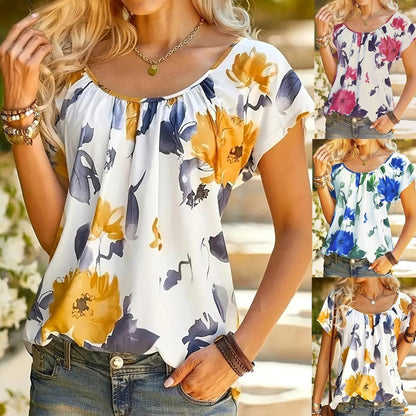 Blusa informal de verano con estampado floral y cuello redondo y manga corta para mujer