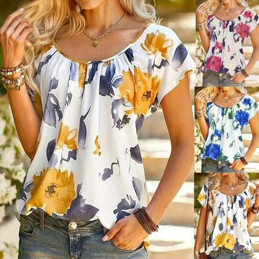 Blusa informal de verano con estampado floral y cuello redondo y manga corta para mujer