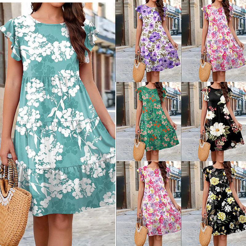 Vestido informal de manga corta con cuello redondo y estampado floral para mujer