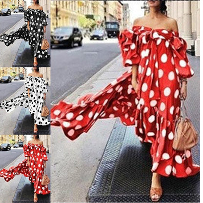 Women Elegant Casual Off-the-shoulder Polka Dot Boho Ruffled Maxi Dress