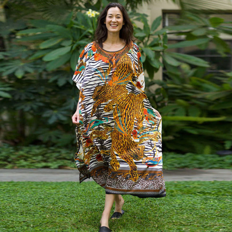 Women Fashion Casual Tiger Printing Batwing Sleeve Long Dress