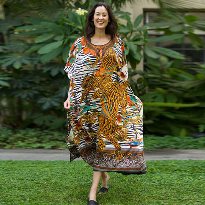 Women Fashion Casual Tiger Printing Batwing Sleeve Long Dress