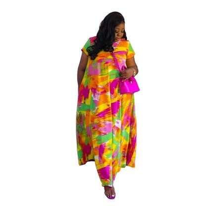 Women Fashion Casual Geometric Printing Short Sleeve Plus Size Dress