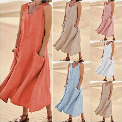 Summer Women Casual Solid Color Sleeveless Round Neck Pocket Cotton Linen Dress