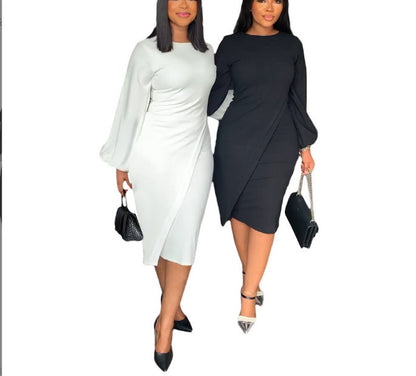 Women Fashion Solid Color Casual Lantern Long Sleeve Dress