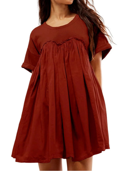 Women Pleated Large Swing Loose Short-Sleeved Casual Loose Dress