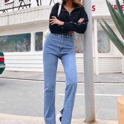 Women Fashion Casual High Waist Denim Trousers Spring Summer Side-Slit Basic Solid Straight Jeans