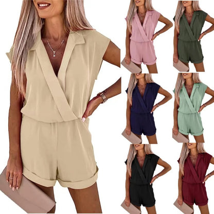Women Fashion Casual Solid Color V-Neck Short Sleeve Rompers
