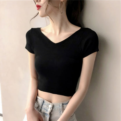 Women Casual Solid Color Short Sleeve Crop Top