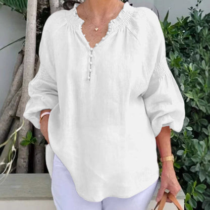 Blusa informal de algodón y lino de color liso con cuello en V y manga larga para mujer