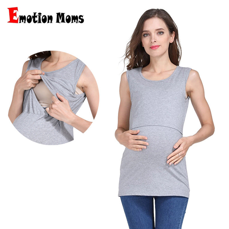 Summer Pregnant Women Casual Solid Color Round Neck Sleeveless Breast-Feeding Tank Top
