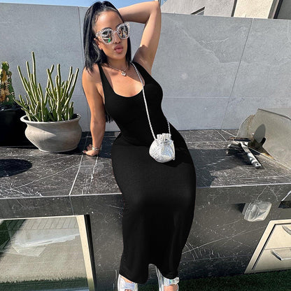 Vestido maxi ajustado liso con escote en U, básico, informal y a la moda para mujer