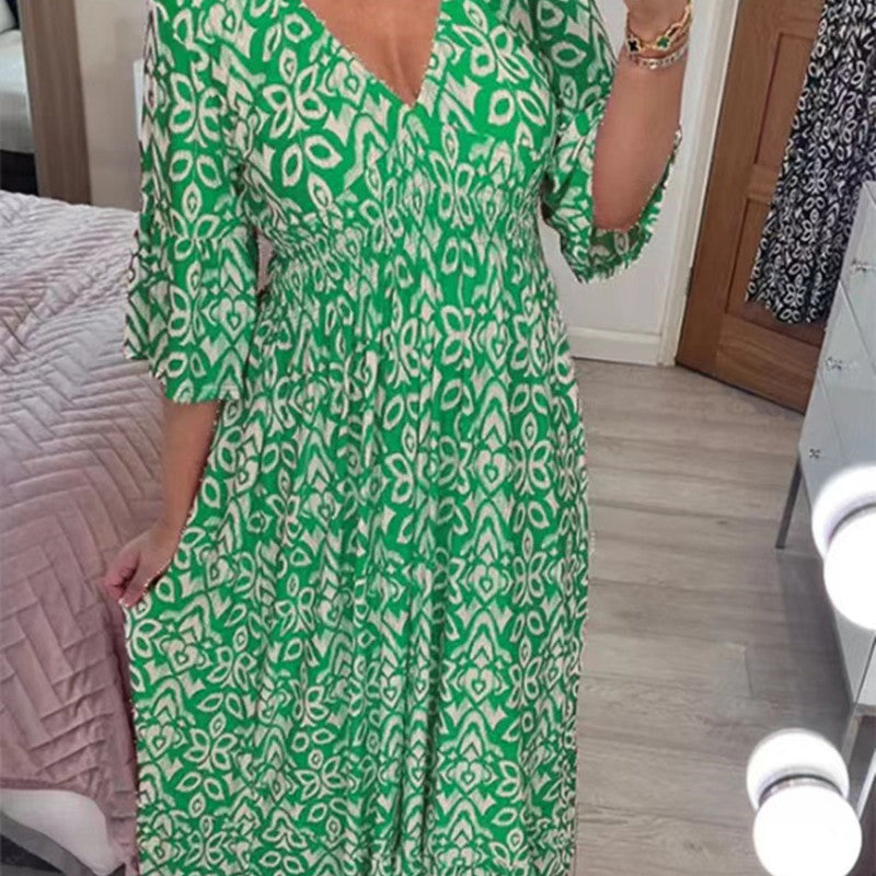 Casual Fashion Women Floral V Neck Loose Maxi Dress