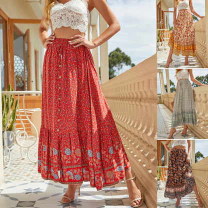 Spring And Summer Women'S Casual Bohemian Pattern Single-Breasted Drawstring Waist Side Slit Pastoral Retro Holiday Big Swing Skirt