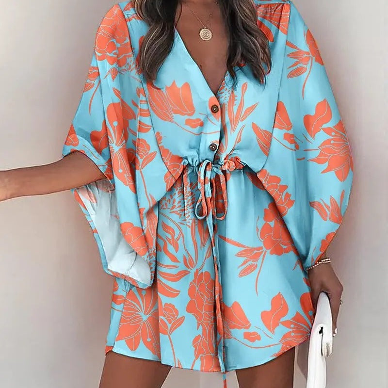 Women Elegant Bohemian Summer Short Sleeves V Neck Casual Bandage Holiday Dress