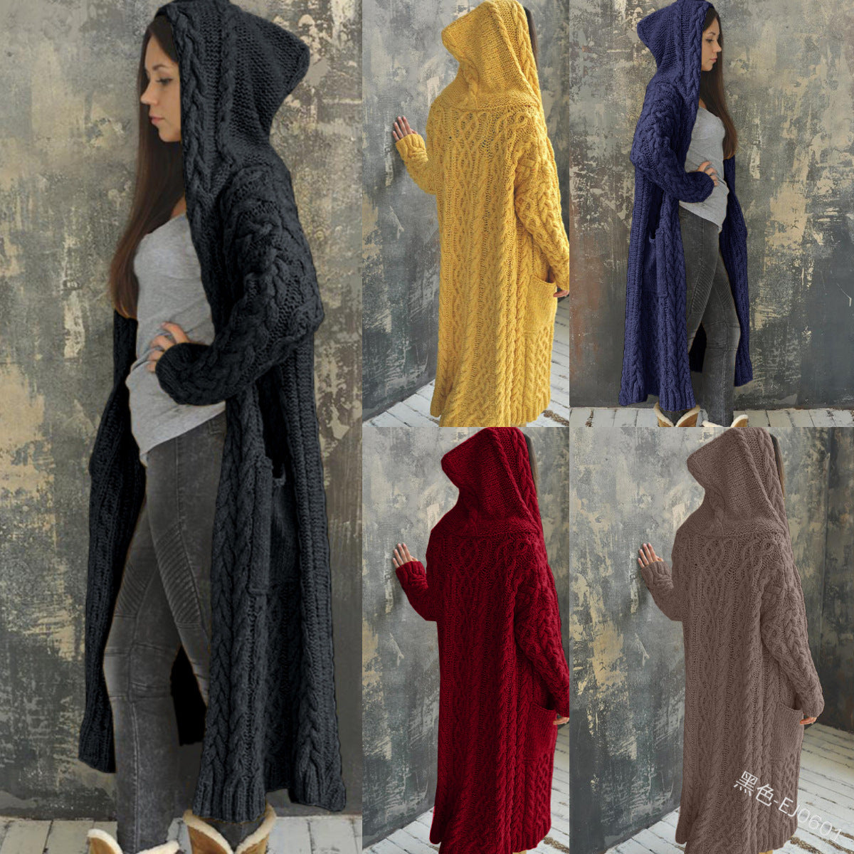 Women Casual Solid Color Long Sleeve Hooded Cardigan Knitted Sweater