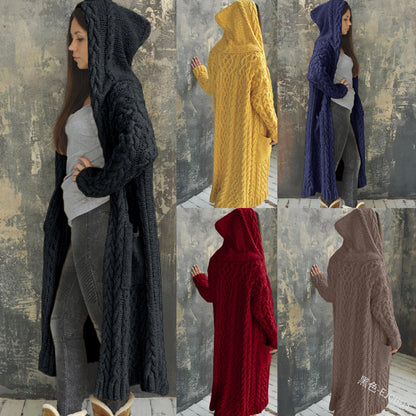 Women Casual Solid Color Long Sleeve Hooded Cardigan Knitted Sweater