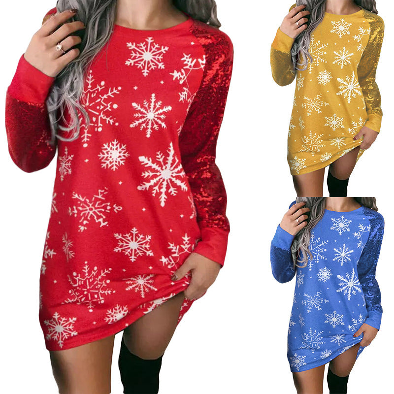 Women Christmas Casual Colorblock Snowflake Print Long Sleeve Dress
