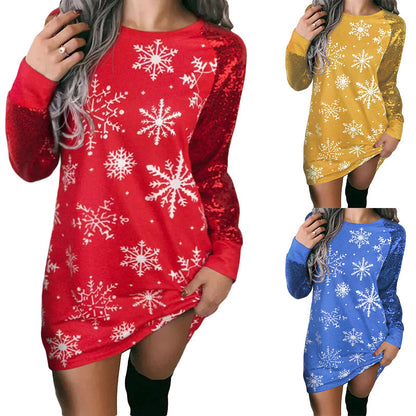 Women Christmas Casual Colorblock Snowflake Print Long Sleeve Dress