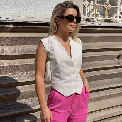 Chaleco informal de verano para mujer, ajustado, de color liso, sin mangas
