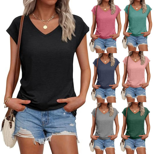 Camiseta informal de verano para mujer, color liso, cuello en V, manga corta, sin mangas
