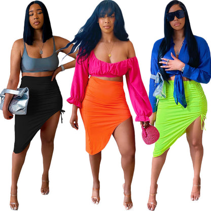 Women Solid Color Irregular Drawstring Casual Slim Skirt