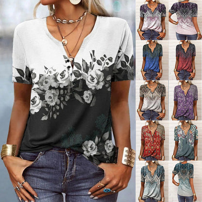 Camiseta informal de manga corta con estampado floral para mujer