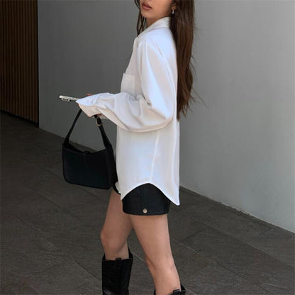 Blusa informal de manga larga con solapa de satén de color liso para mujer