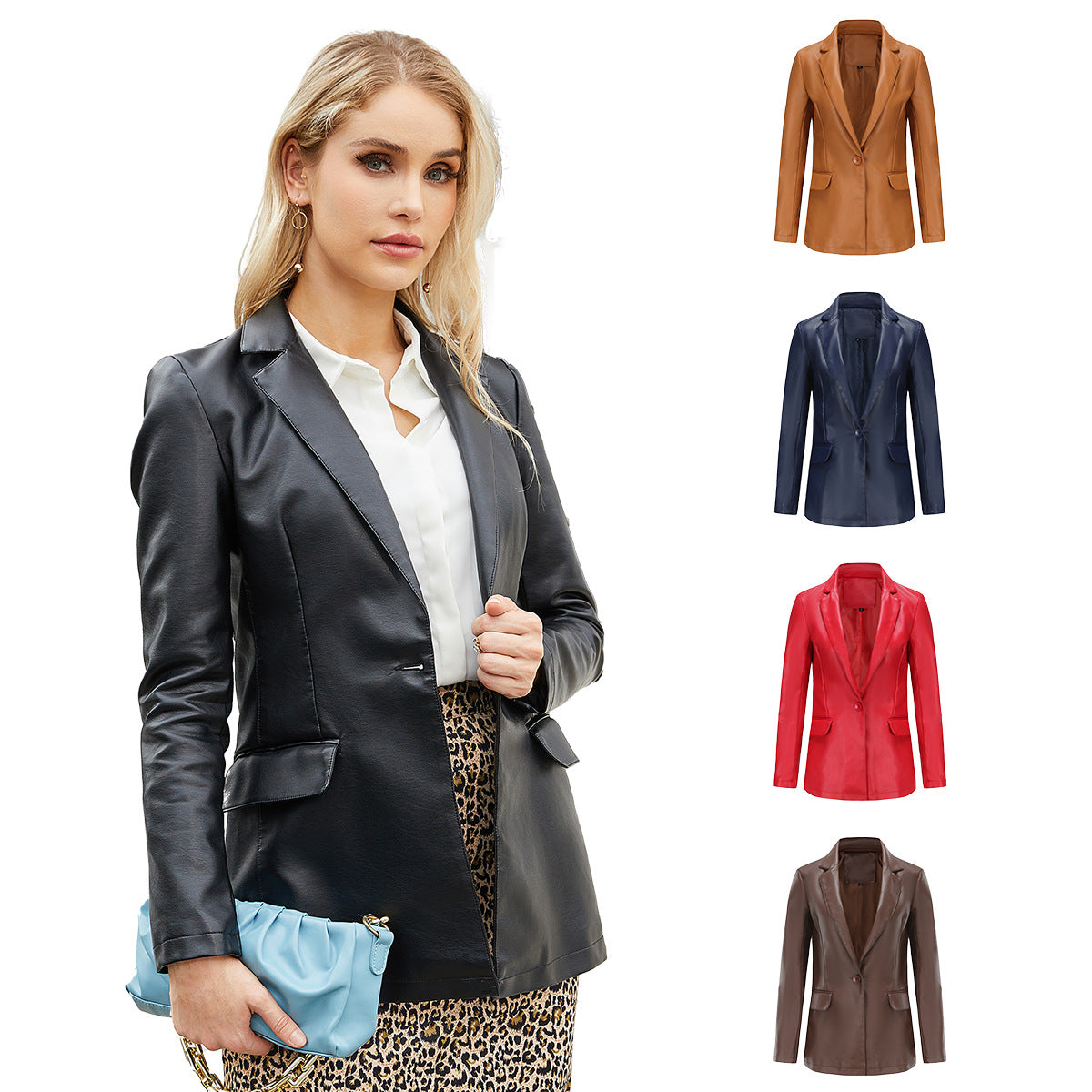 Chaqueta blazer informal de PU de manga larga con solapa de color sólido para mujer
