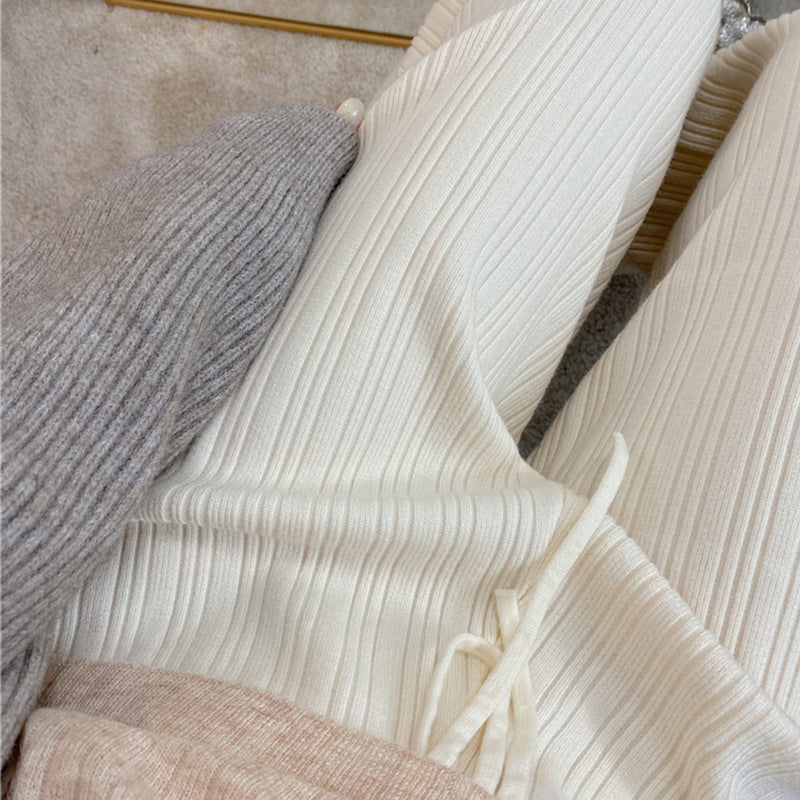 Women Casual Autumn Winter Solid Color Pleated Wide Leg Knitted Pants