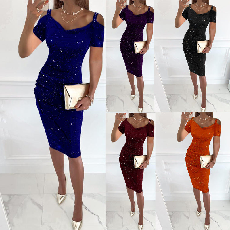 Women'S Casual Sequin Rhinestone Cool-Shoulder Dress