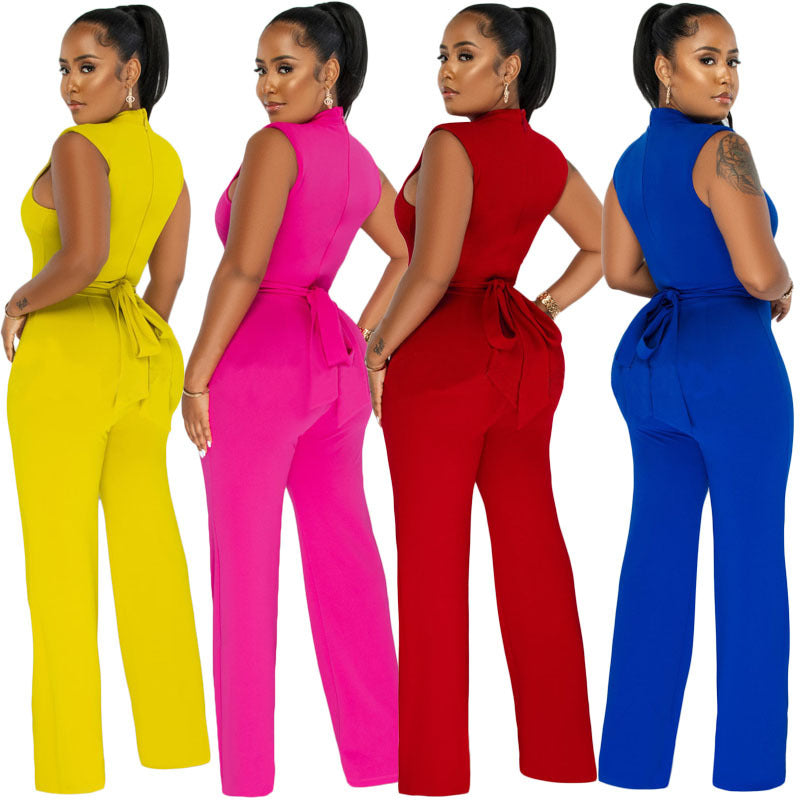 Women Solid Color High Waist Casual Wide Leg Jumpsuit
