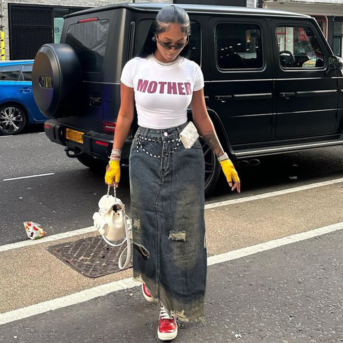 Women Fashion Casual Pocket Straight Loose Irregular Denim Skirt