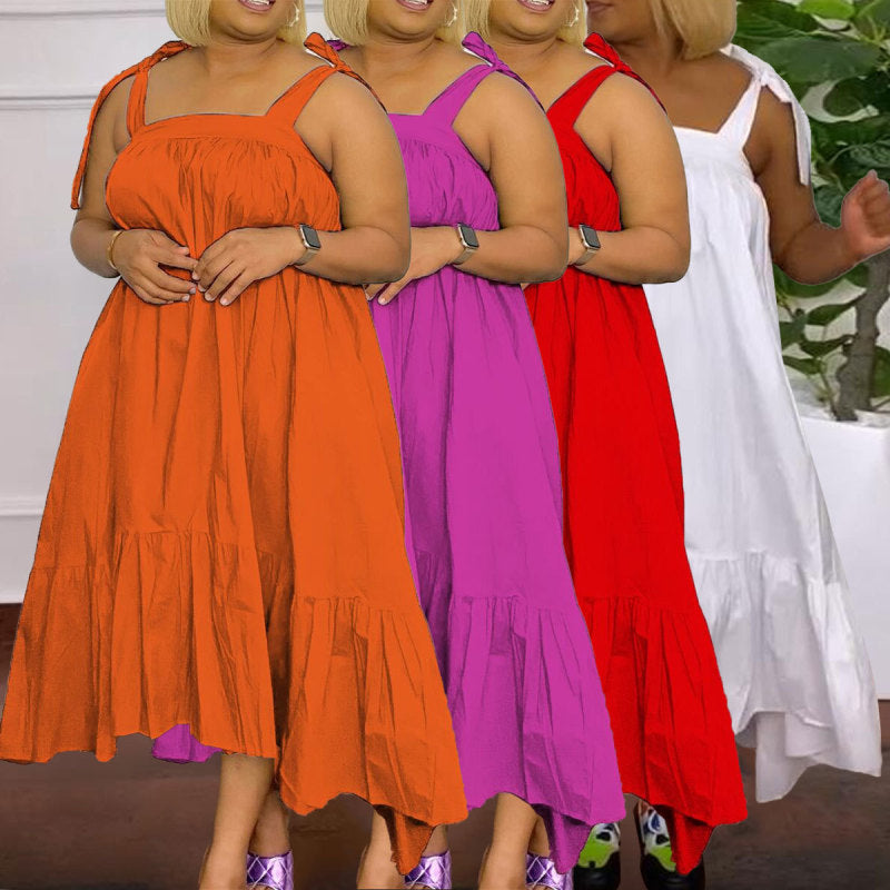 Women Fashion Casual Plus Size Solid Color Sling Dress