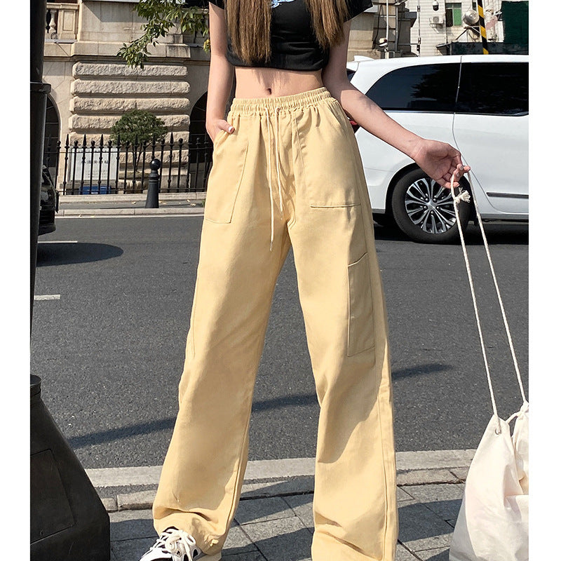 Women Fashion Casual Loose Elastic High Waist Straight Leg Cargo Pants