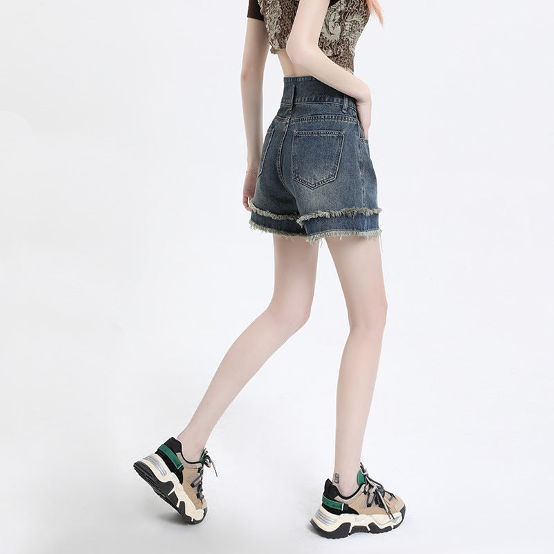 Women Fashion Casual Raw Edge High Waist Wide Leg Denim Shorts