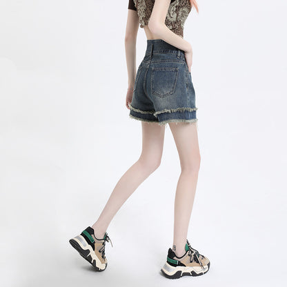 Women Fashion Casual Raw Edge High Waist Wide Leg Denim Shorts