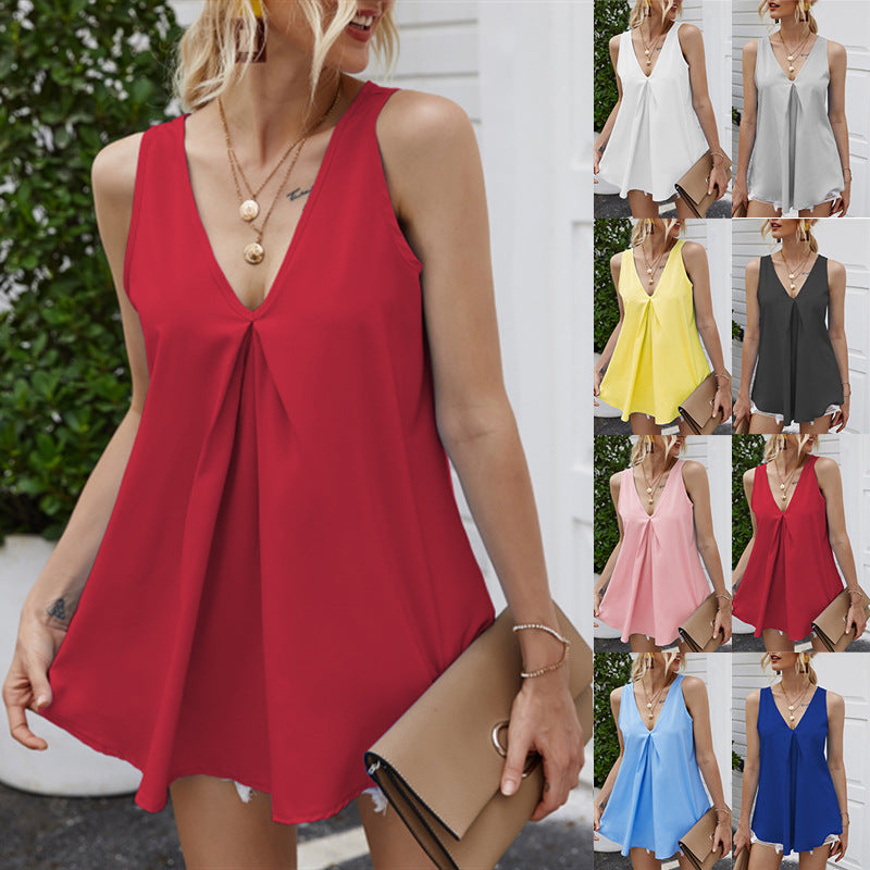 Camiseta sin mangas de gasa holgada con cuello en V, básica, informal, de verano para mujer