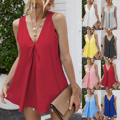 Camiseta sin mangas de gasa holgada con cuello en V, básica, informal, de verano para mujer