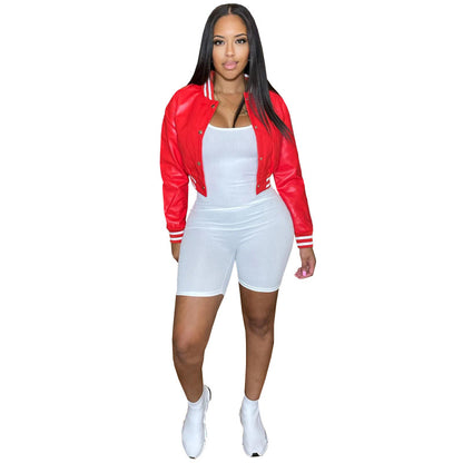 Chaqueta de béisbol informal de cuero sintético a rayas para mujer, estilo urbano, con botonadura sencilla y corte entallado