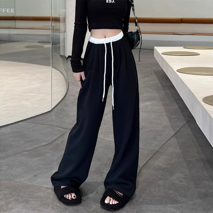 Pantalones casuales de cintura alta y holgados con cordón para mujer