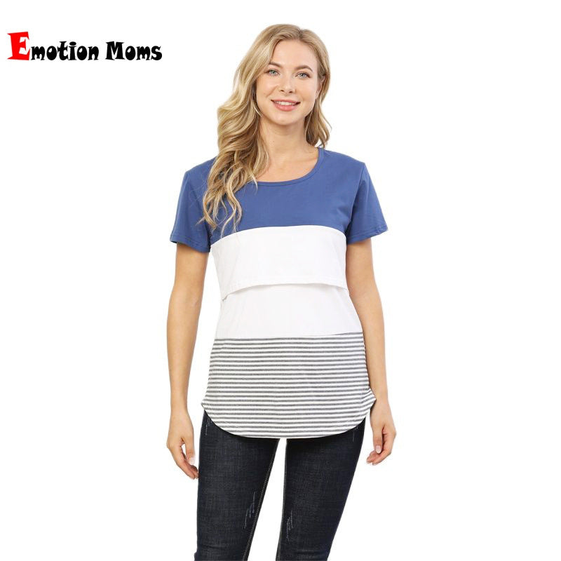 Camiseta de lactancia de manga corta con cuello redondo y costuras a rayas para embarazadas de verano
