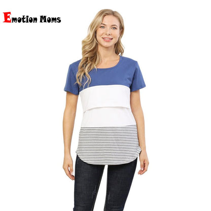 Camiseta de lactancia de manga corta con cuello redondo y costuras a rayas para embarazadas de verano