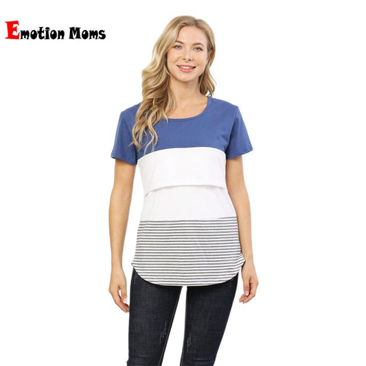 Camiseta de lactancia de manga corta con cuello redondo y costuras a rayas para embarazadas de verano