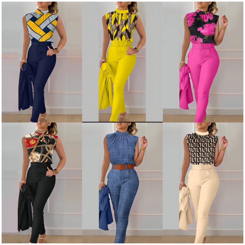 Women Fashion Casual Geometric Floral Printed Vest Casual Pants Two-Piece Set Without Jacket