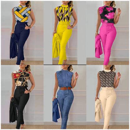 Women Fashion Casual Geometric Floral Printed Vest Casual Pants Two-Piece Set Without Jacket